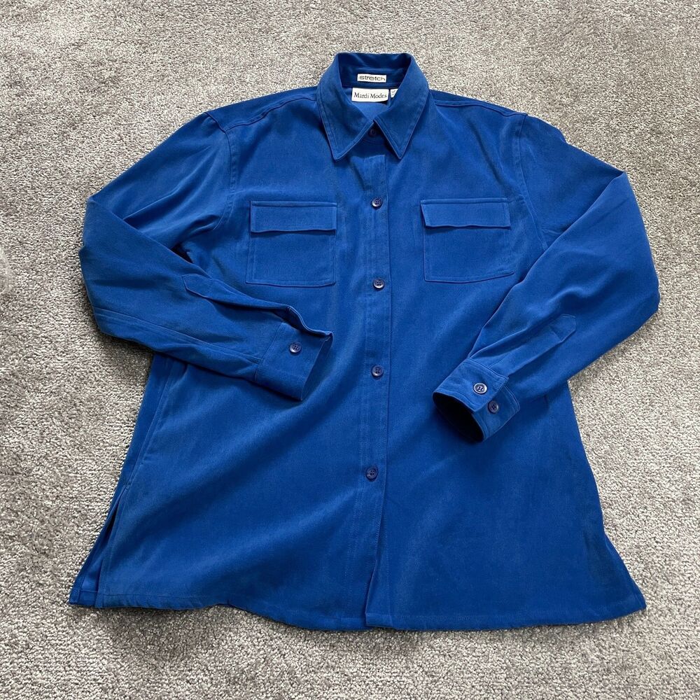 Mardi Modes Button Up Blouse Shirt Womens Medium Blue Long Sleeve Stretch Top